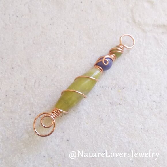 Sage Green & Purple Scepter Wand Pendant ~ Semi-Precious Stone Beads + Copper - Picture 2 of 7